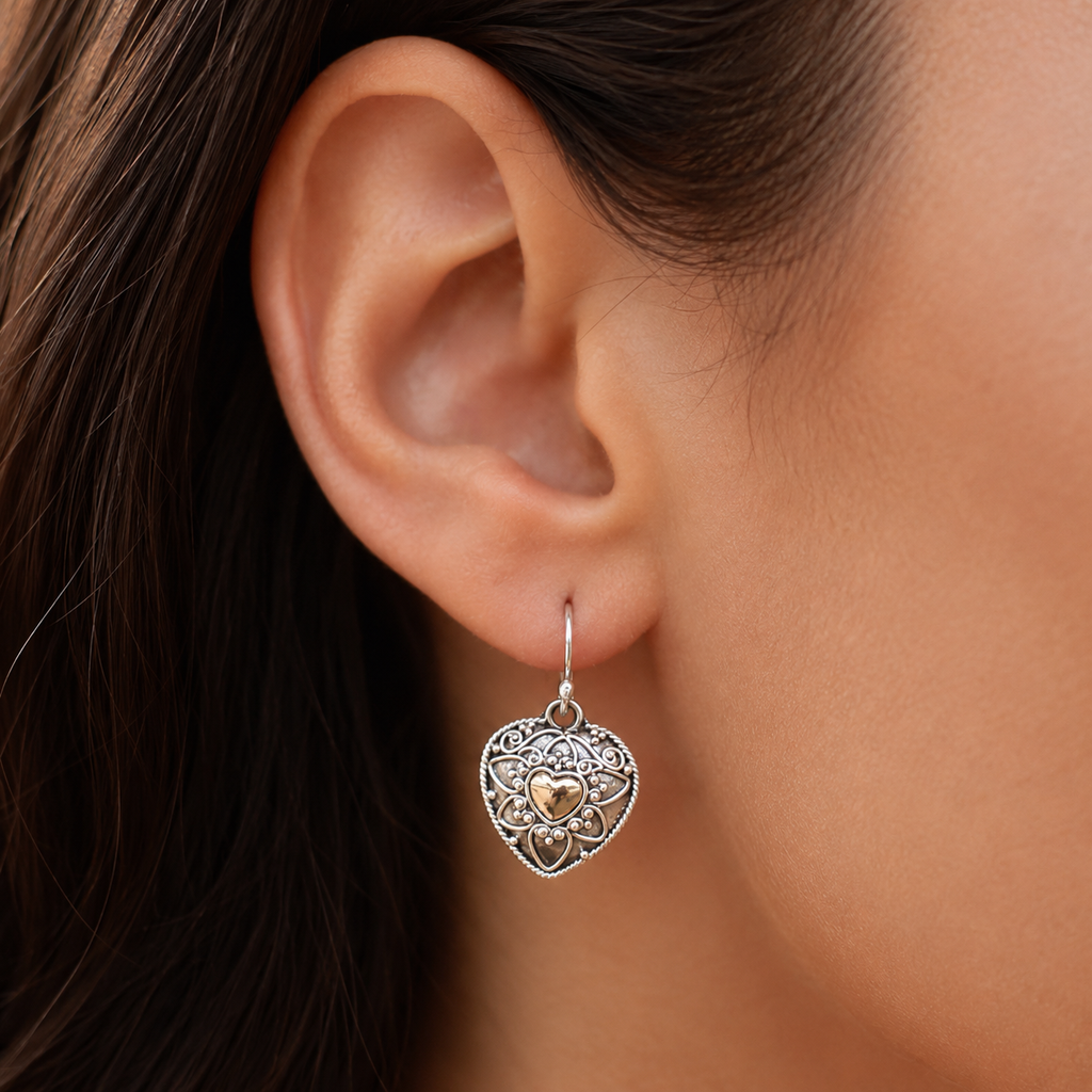 Mandala Hearts Silver and Gold Earrings