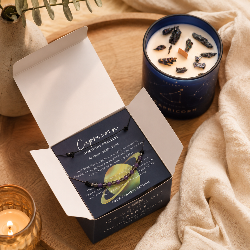 Zodiac Crystal Candle with Gemstone Bracelet - Capricorn