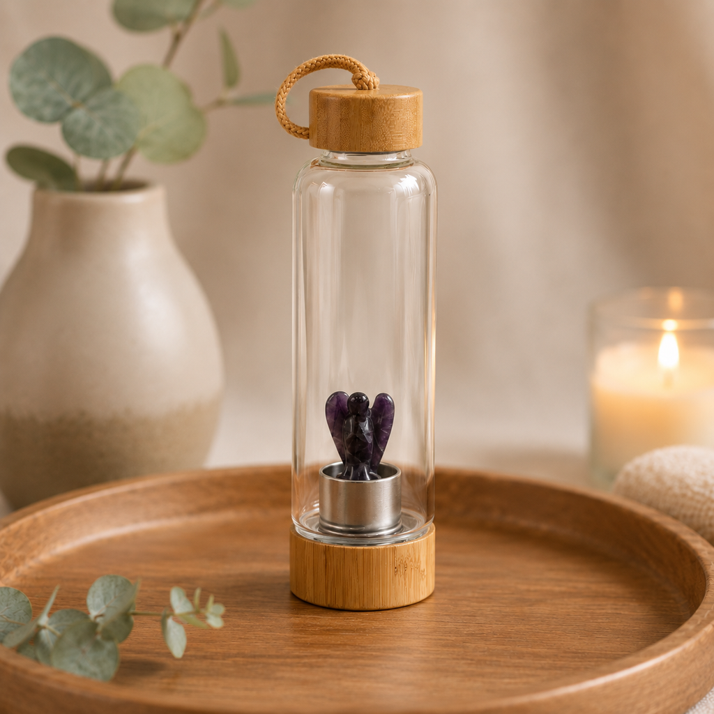 Relaxing Amethyst Crystal Infused Glass Water Bottle - Angel