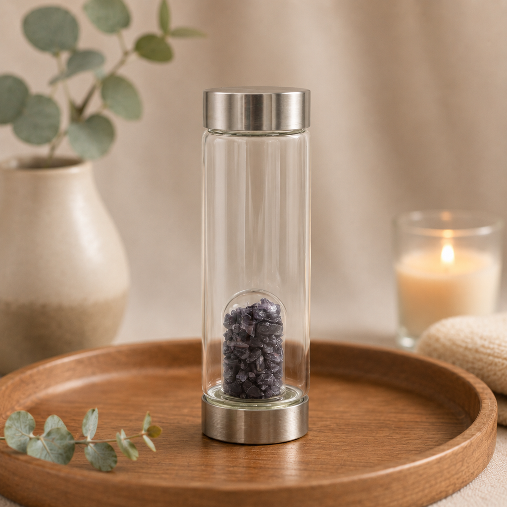 Relaxing Amethyst Crystal Infused Glass Water Bottle - Chips