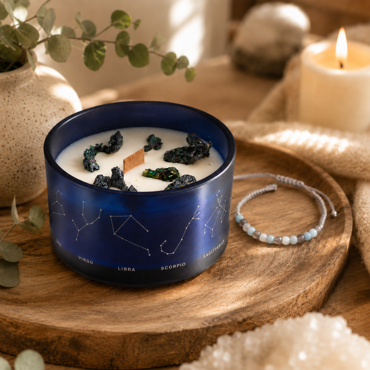 Zodiac Crystal Candle with Gemstone Bracelet - Cancer