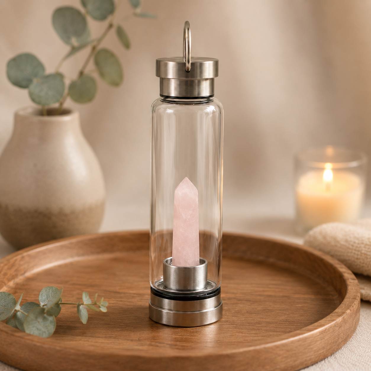 Rejuvenating Rose Quartz Crystal Infused Glass Water Bottle - Obelisk