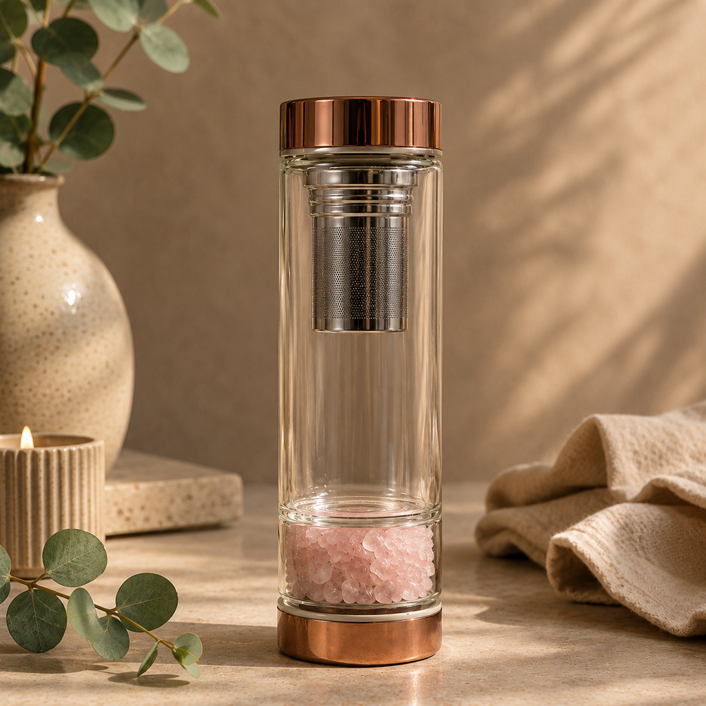 Rose Quartz Crystal Glass Tea Infuser Bottle - Rose Gold
