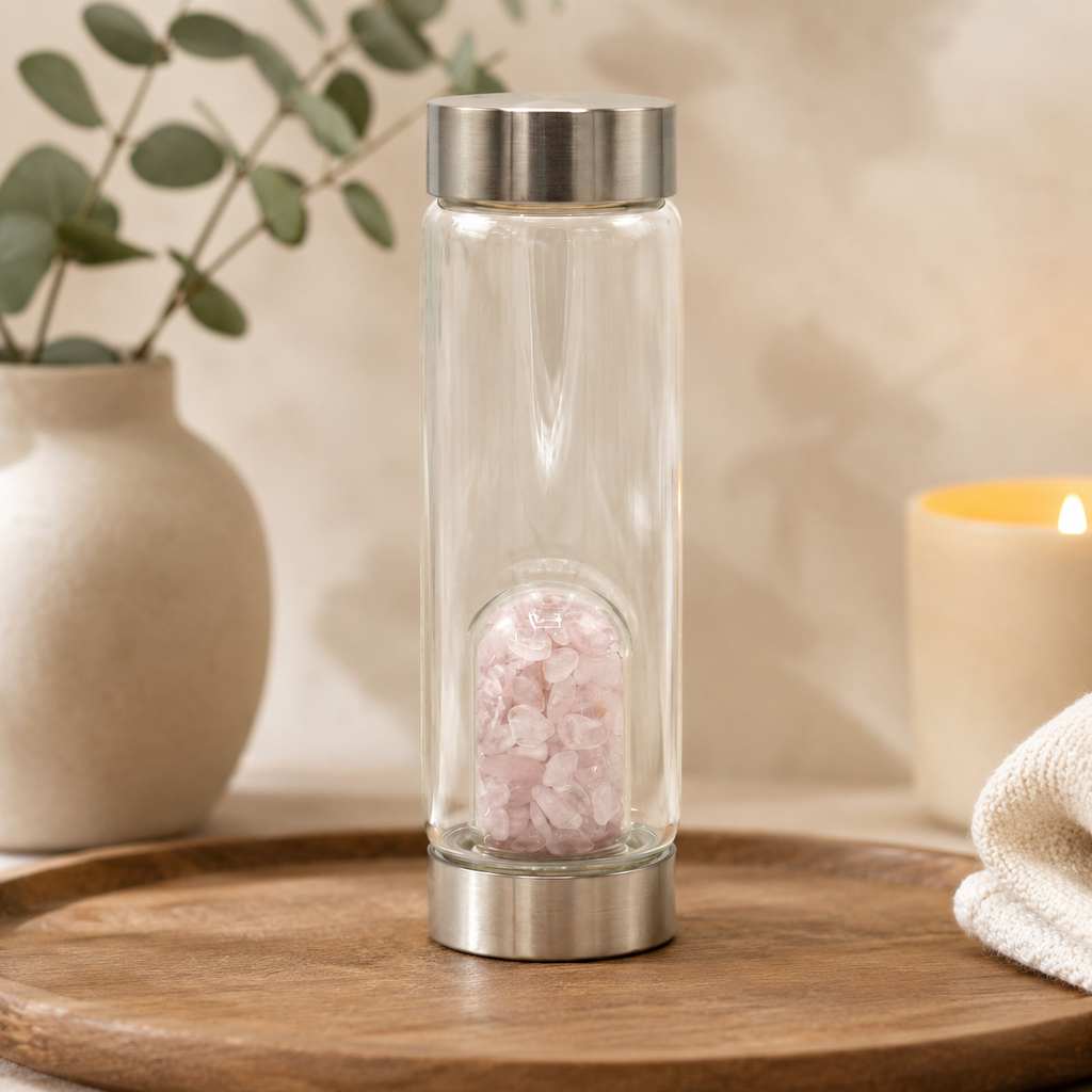 Rejuvenating Rose Quartz Crystal Infused Glass Water Bottle - Chips