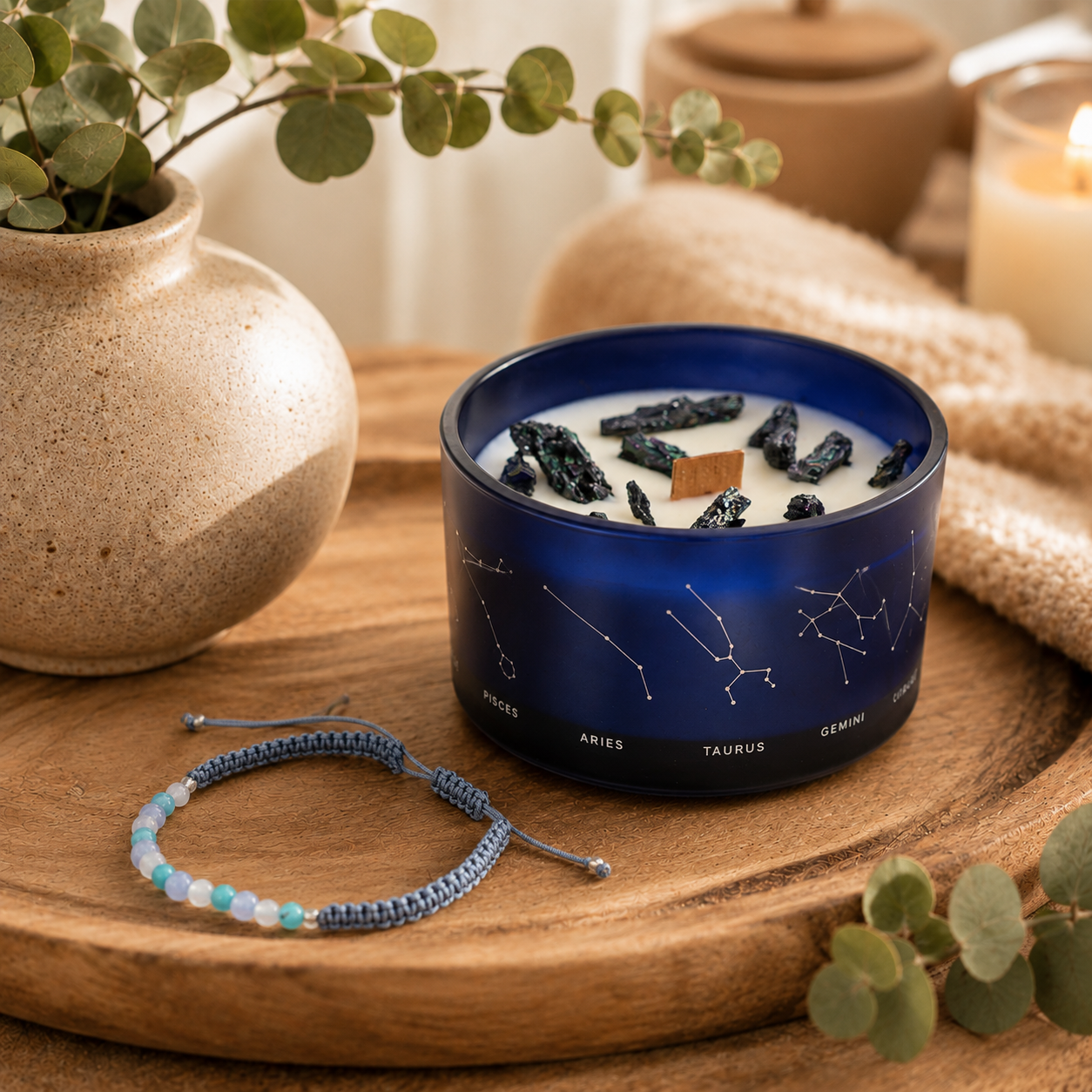 Zodiac Crystal Candle with Gemstone Bracelet - Pisces