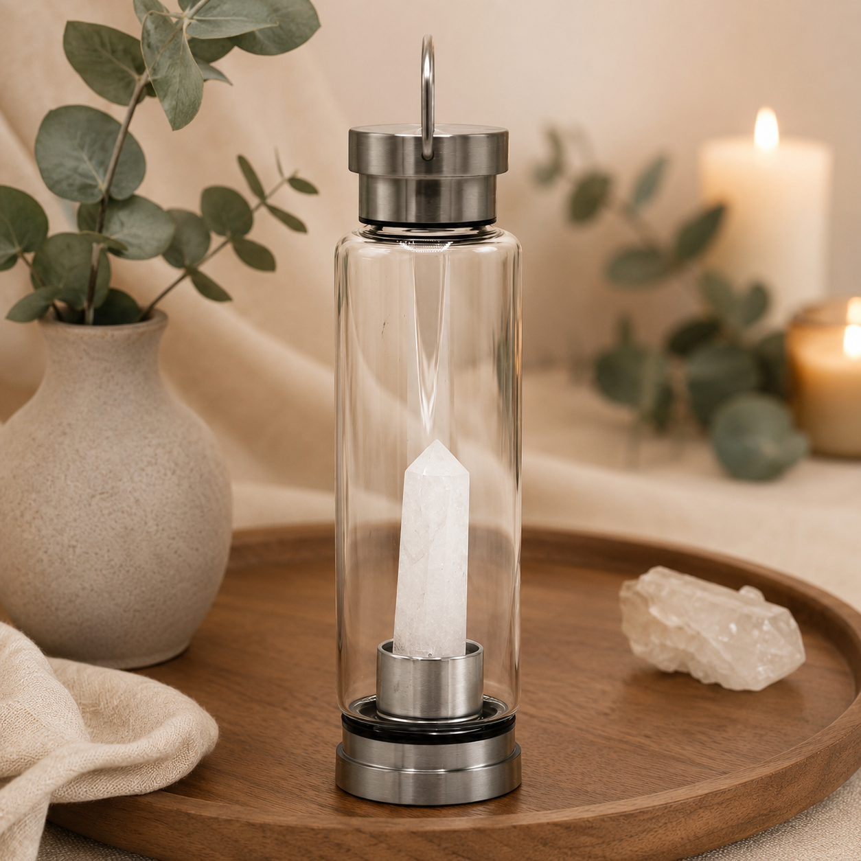 Cleansing Clear Quartz Crystal Infused Glass Water Bottle - Obelisk