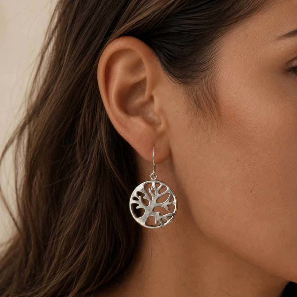 Mother of Pearl Tree of Life Silver Earrings - 15mm
