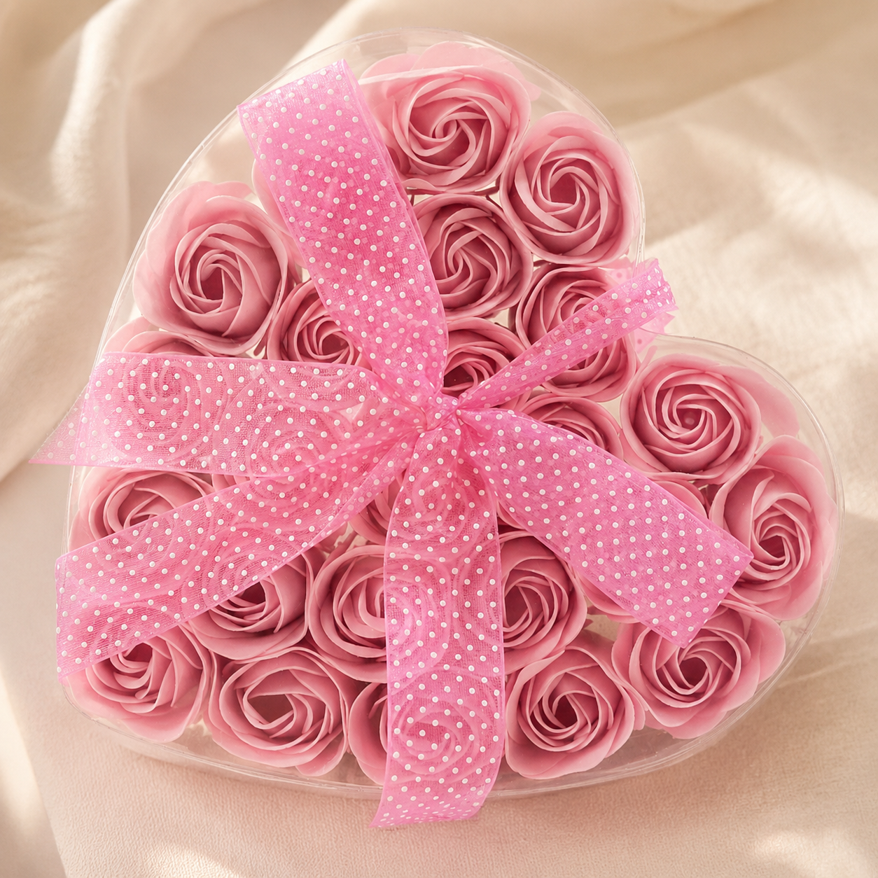 Set of 24 Soap Flower Heart Box - Pink Roses