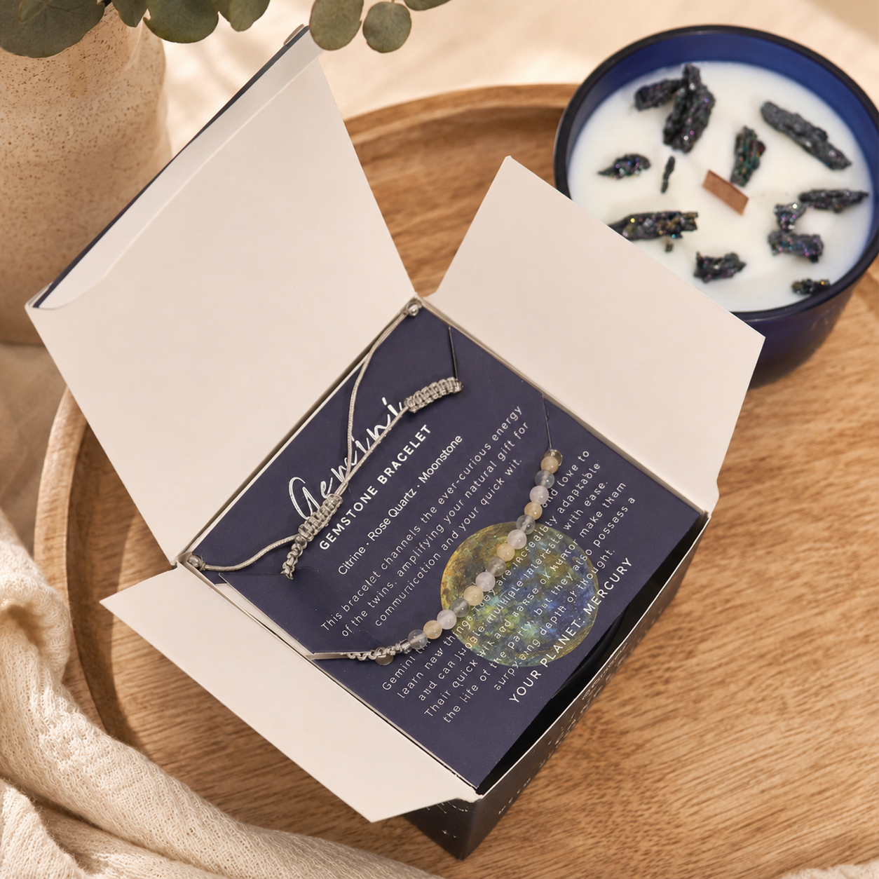Zodiac Crystal Candle with Gemstone Bracelet - Gemini