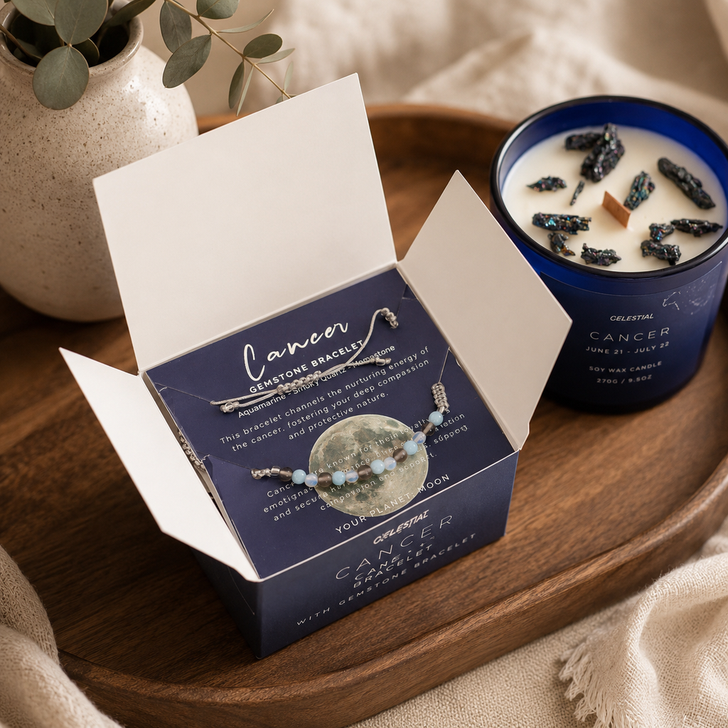 Zodiac Crystal Candle with Gemstone Bracelet - Cancer