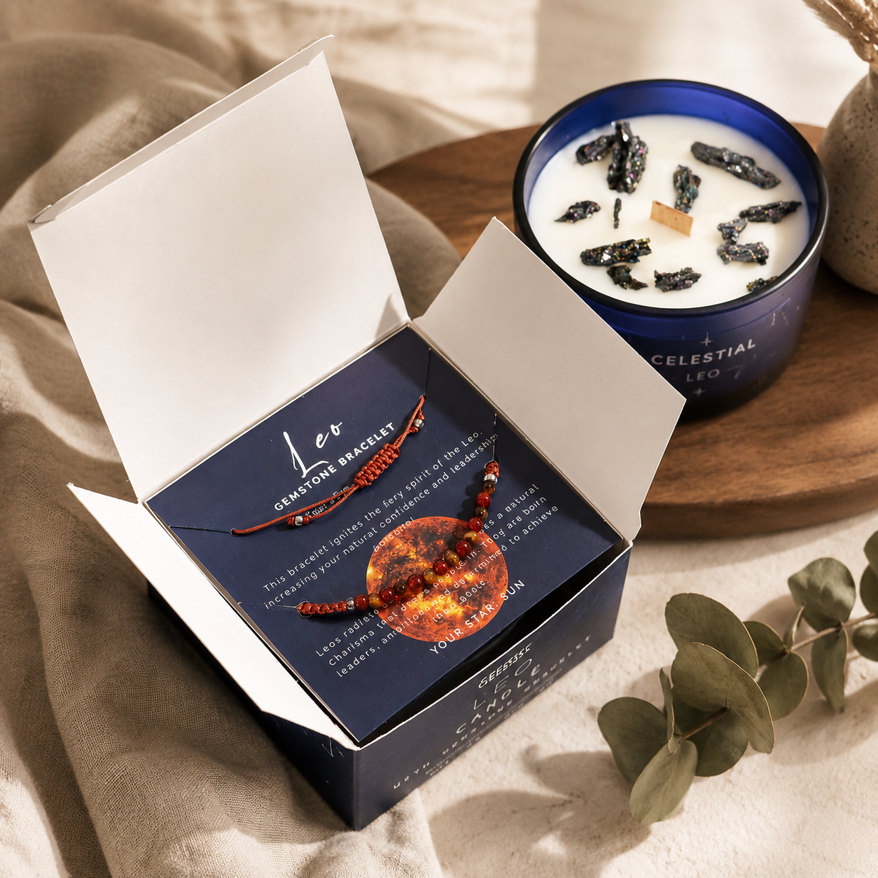 Zodiac Crystal Candle with Gemstone Bracelet - Leo