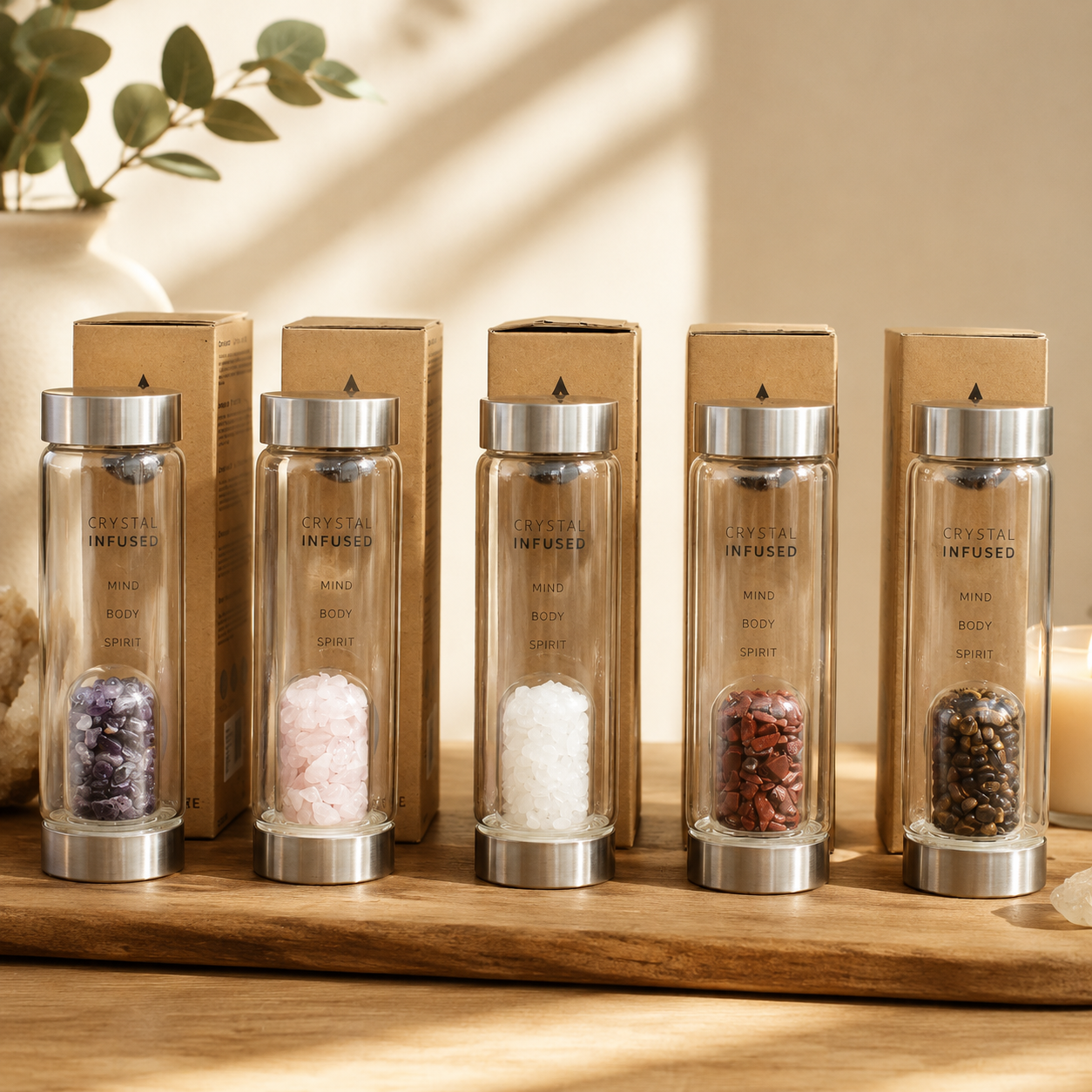 Rejuvenating Rose Quartz Crystal Infused Glass Water Bottle - Chips
