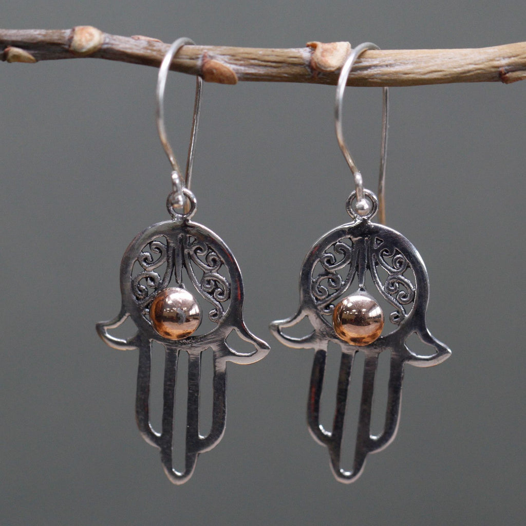 Gold And Silver Hamsa Drop Earrings