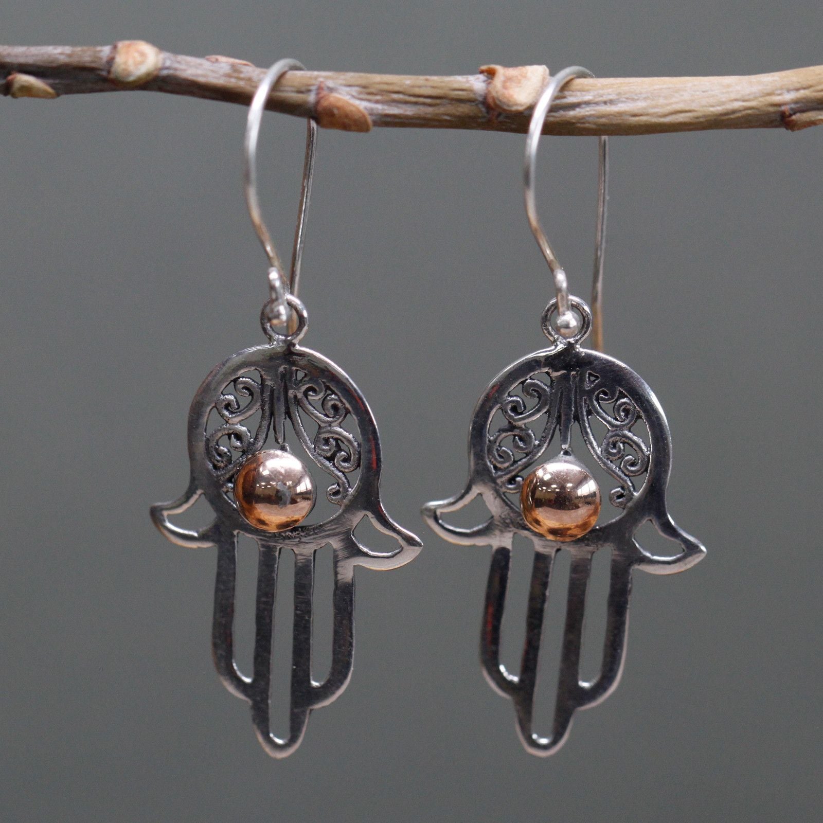 Gold And Silver Hamsa Drop Earrings