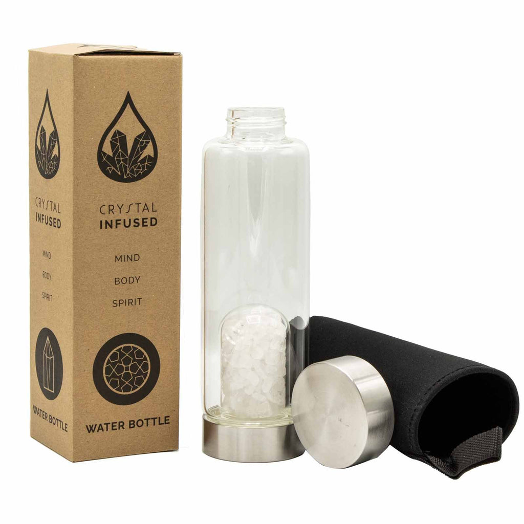 Cleansing Clear Quartz Crystal Infused Glass Water Bottle - Chips
