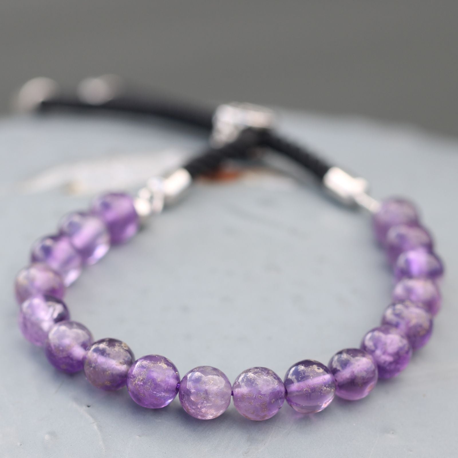 Amethyst Black String Bracelet - 925 Silver Plated