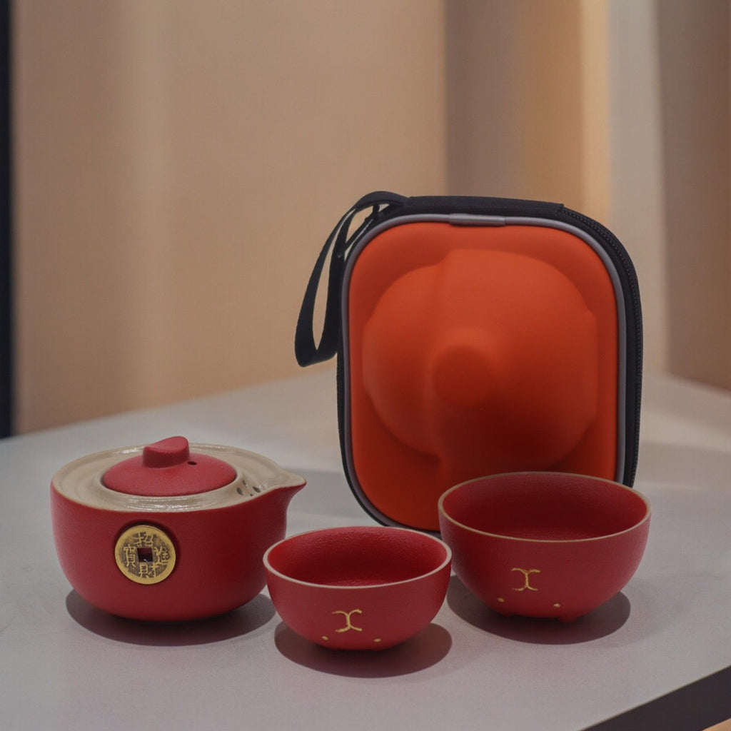 Red Money Cat Teapot Set With Two Cups