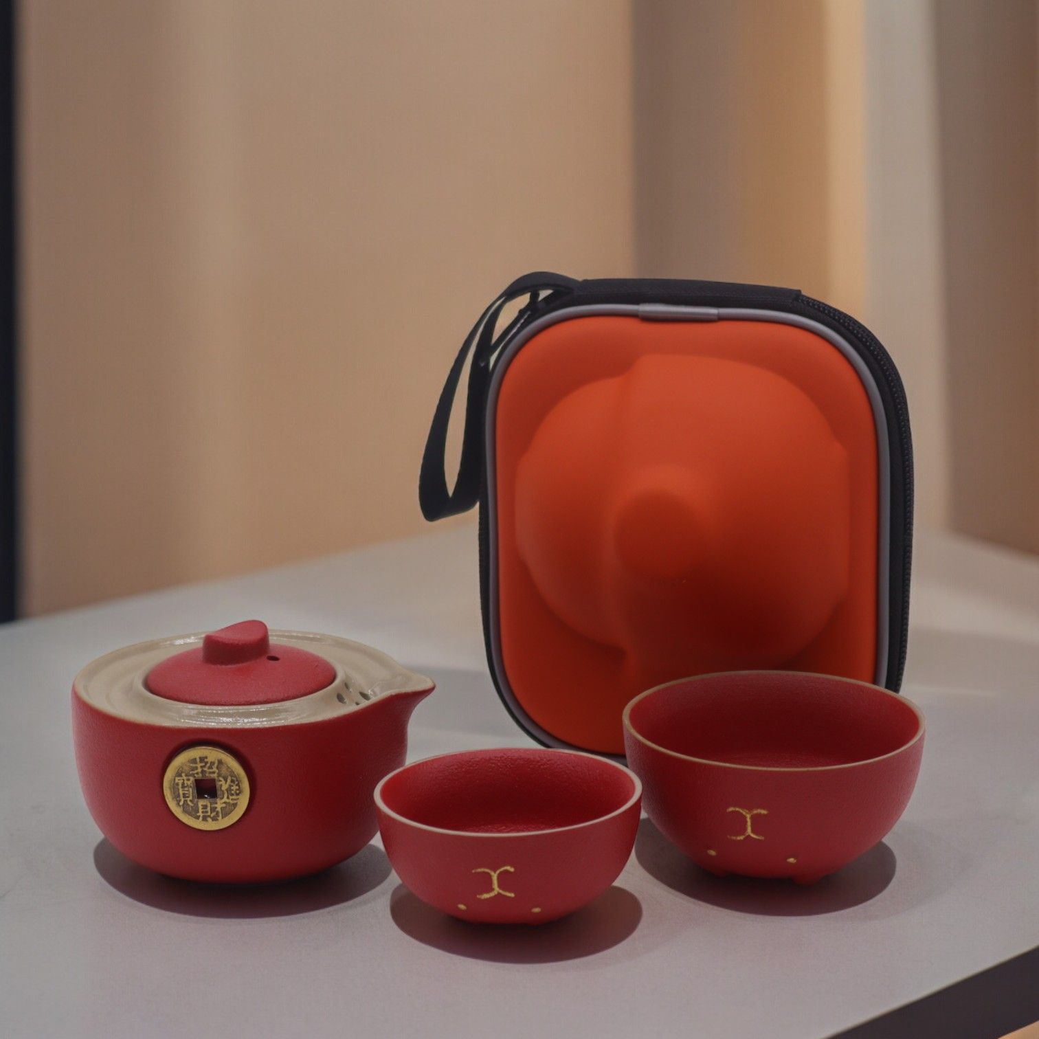 Red Money Cat Teapot Set With Two Cups
