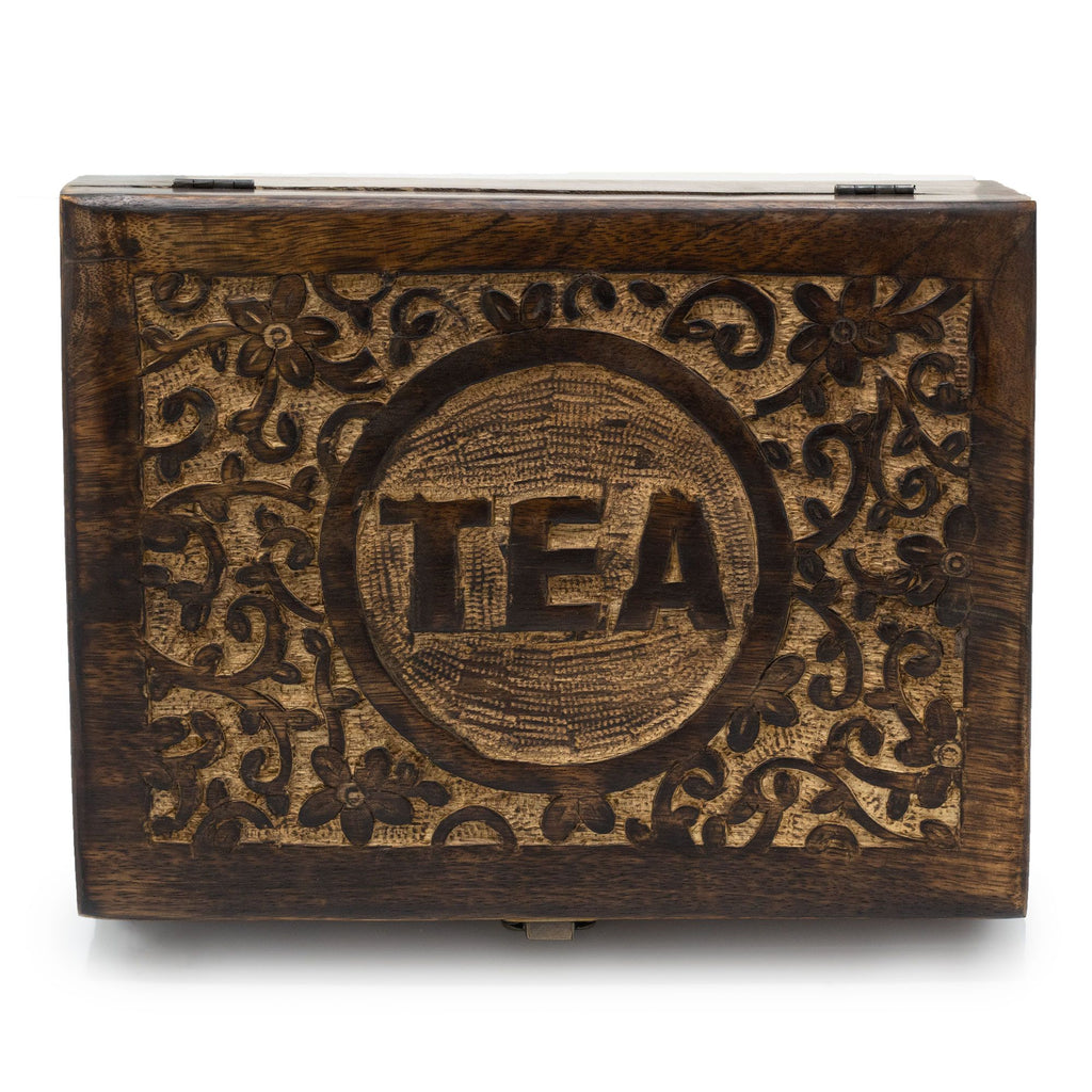 Mango Wood Carved Tea Box - 12 Compartments