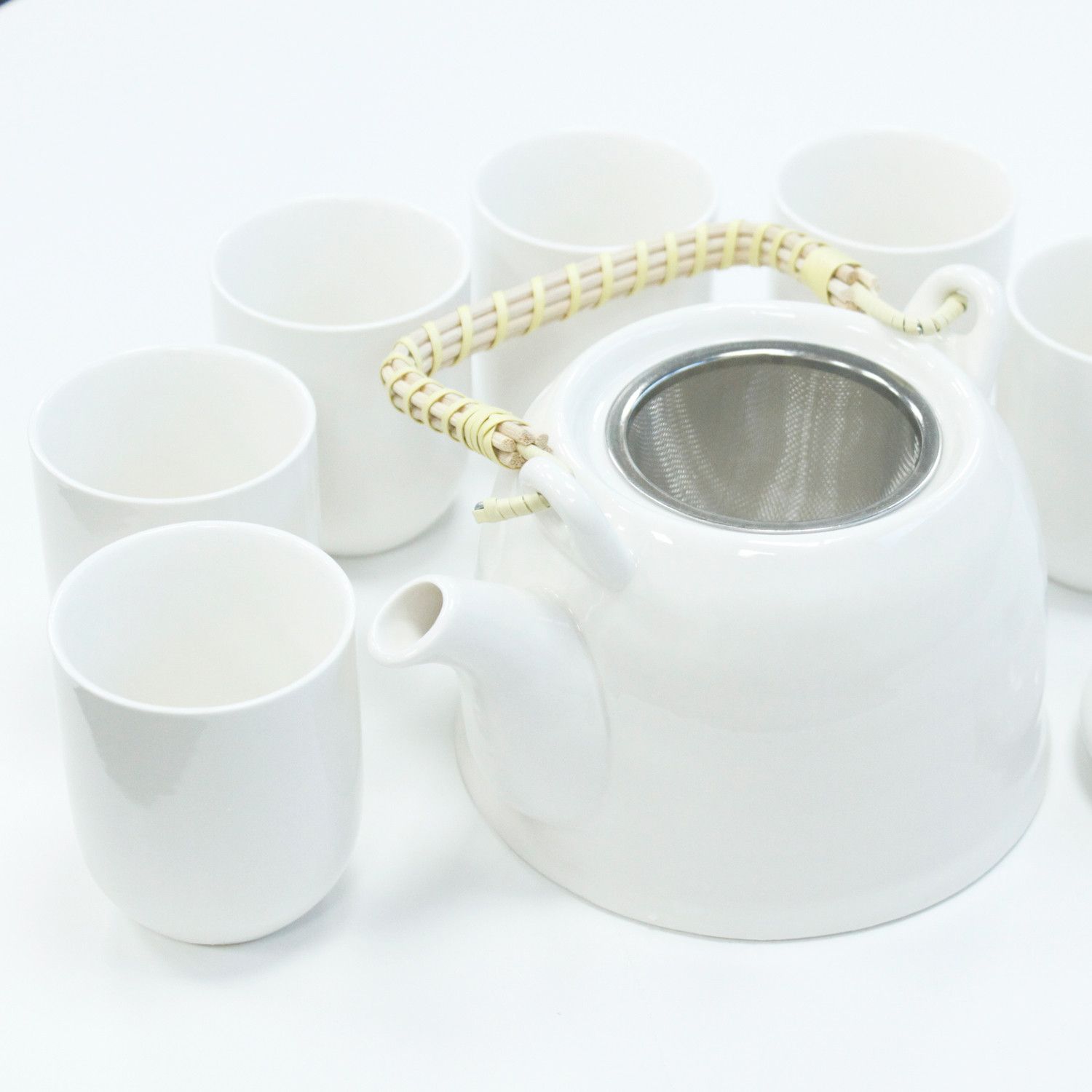 Classic White Herbal Teapot Set With Six Cups