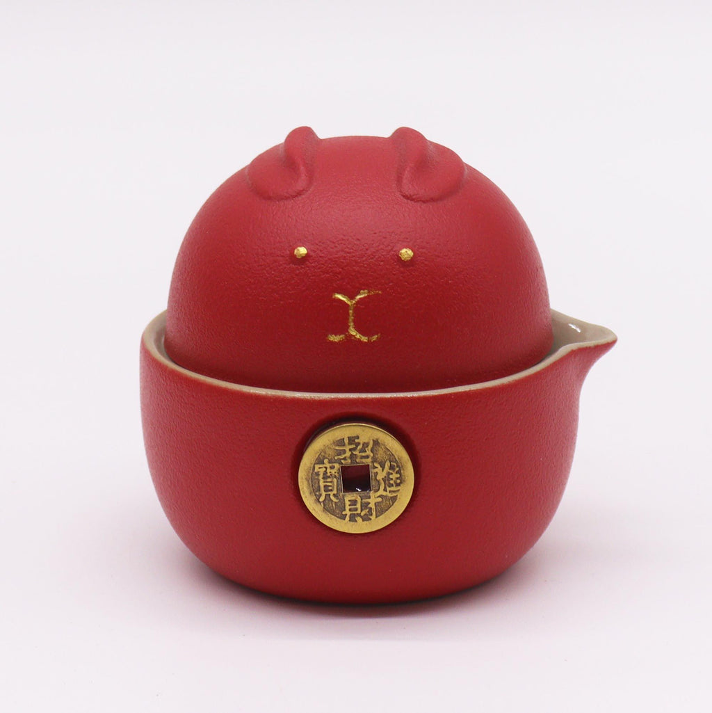 Red Money Cat Teapot Set With Two Cups