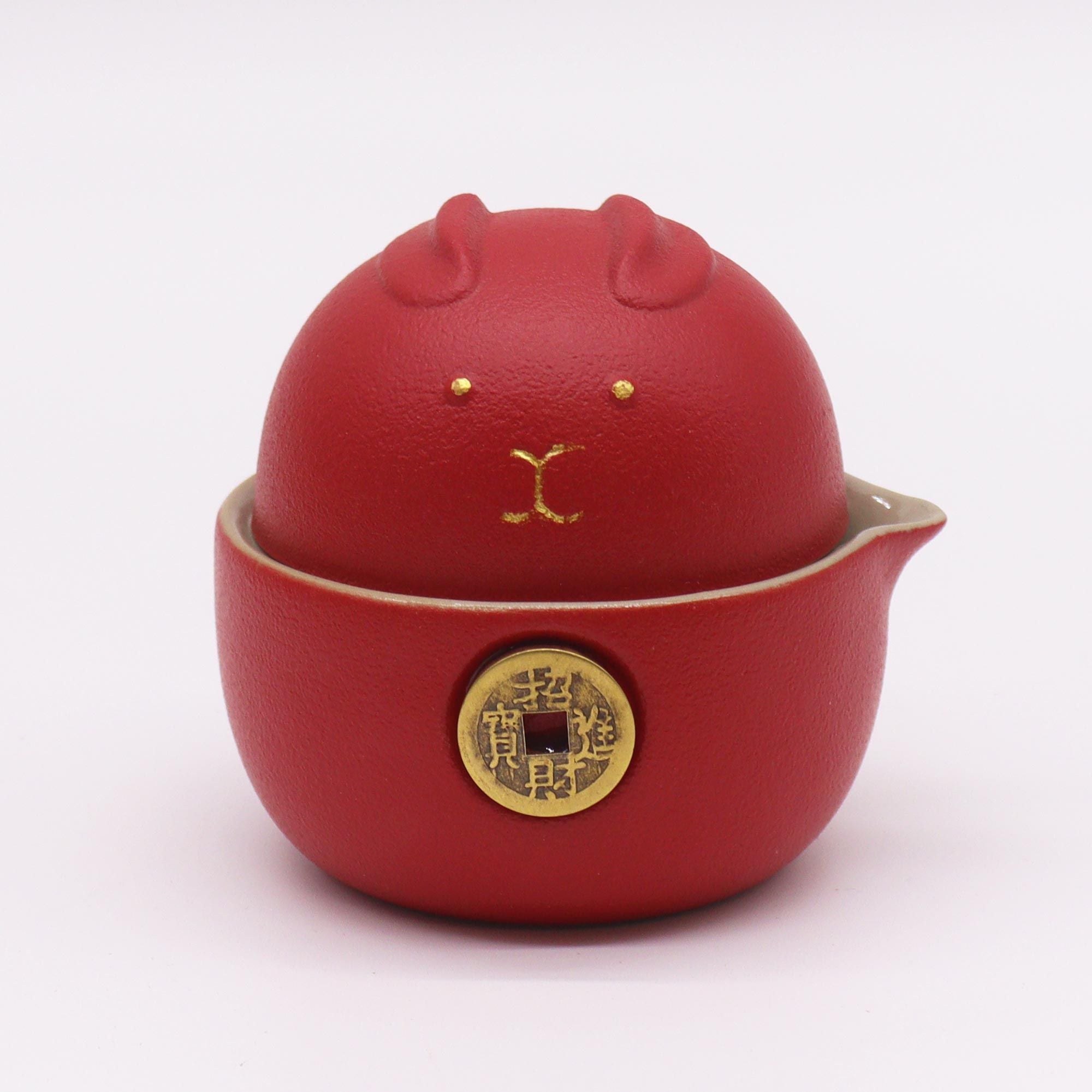 Red Money Cat Teapot Set With Two Cups