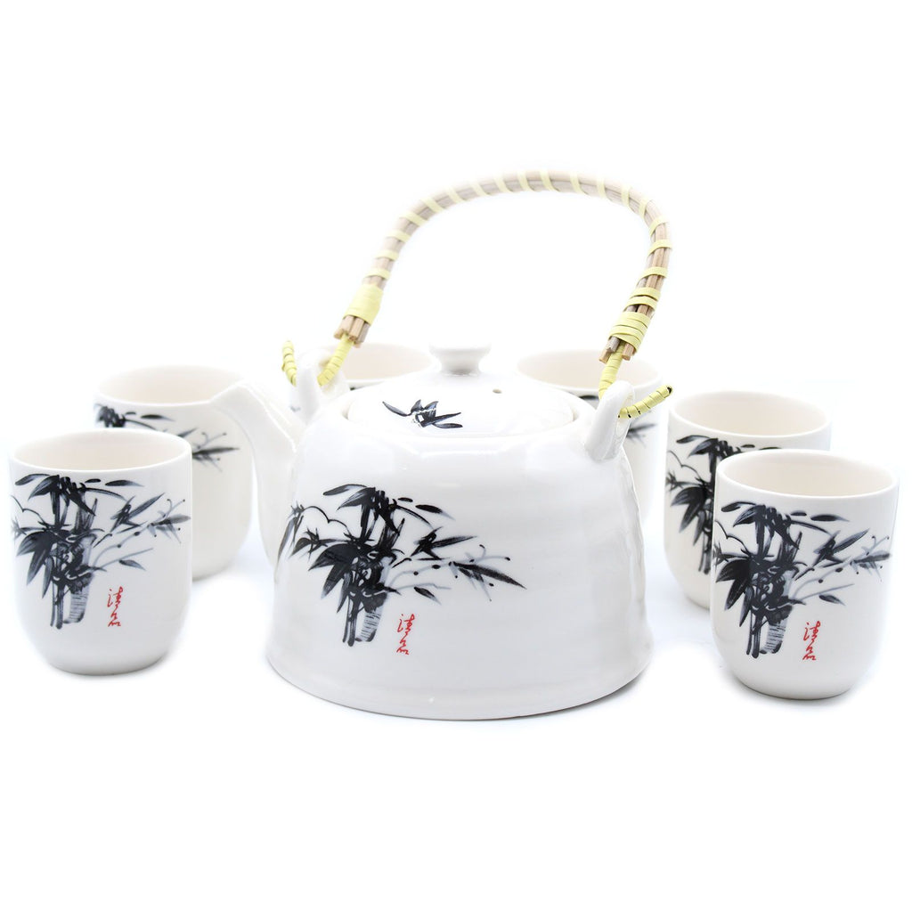 White Stone Oriental Herbal Teapot Set With Six Cups
