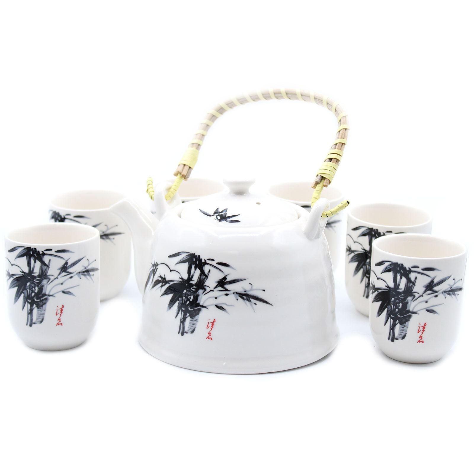 White Stone Oriental Herbal Teapot Set With Six Cups