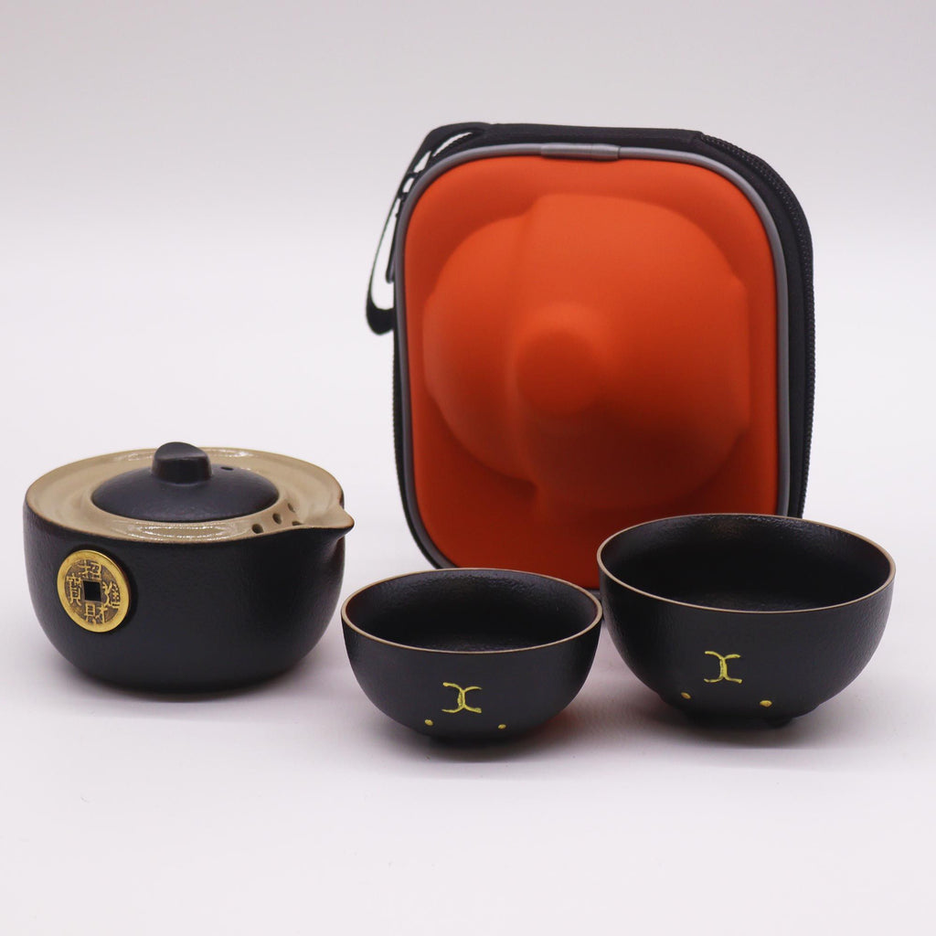 Black Money Cat Teapot Set With Two Cups - Travel Pack
