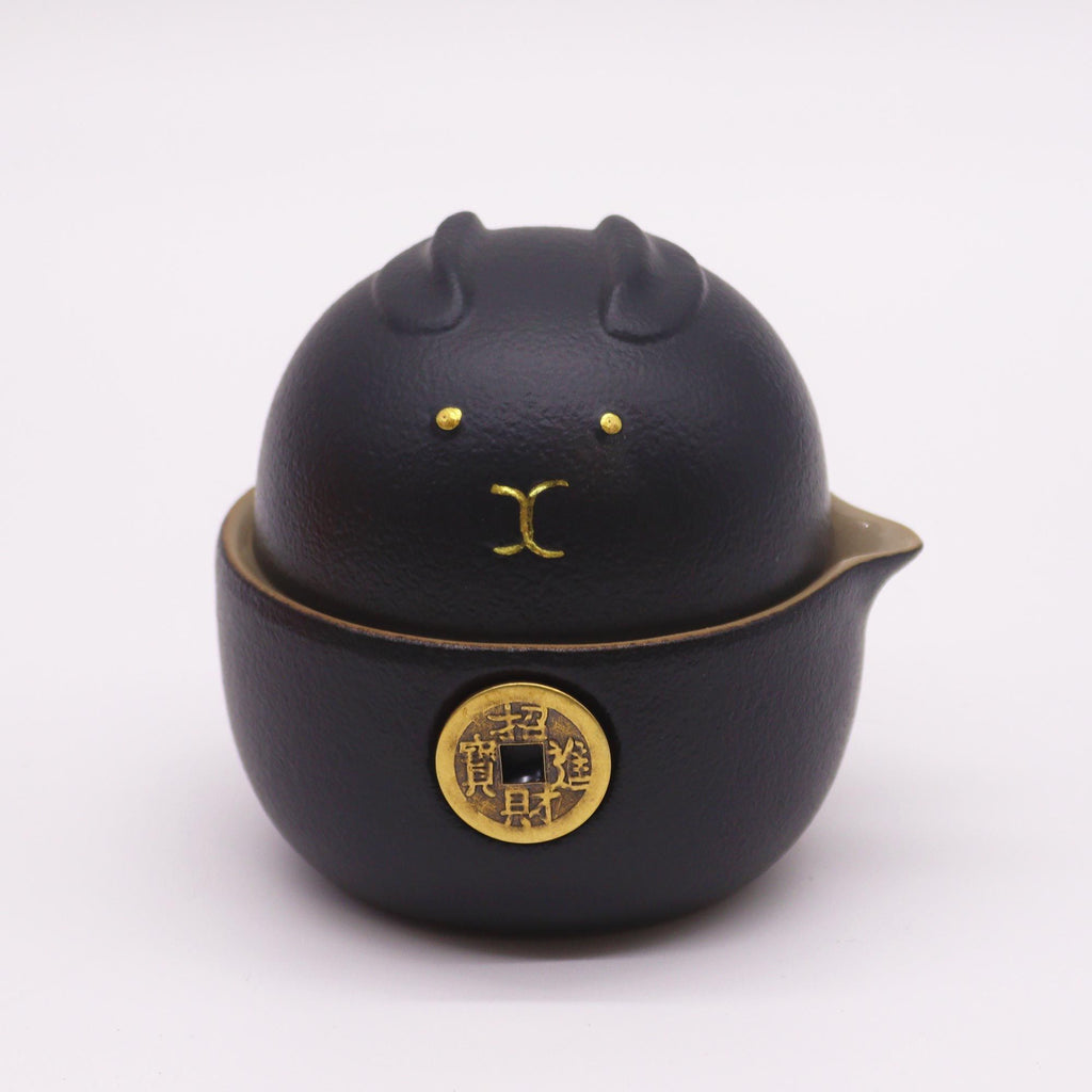 Black Money Cat Teapot Set With Two Cups - Travel Pack