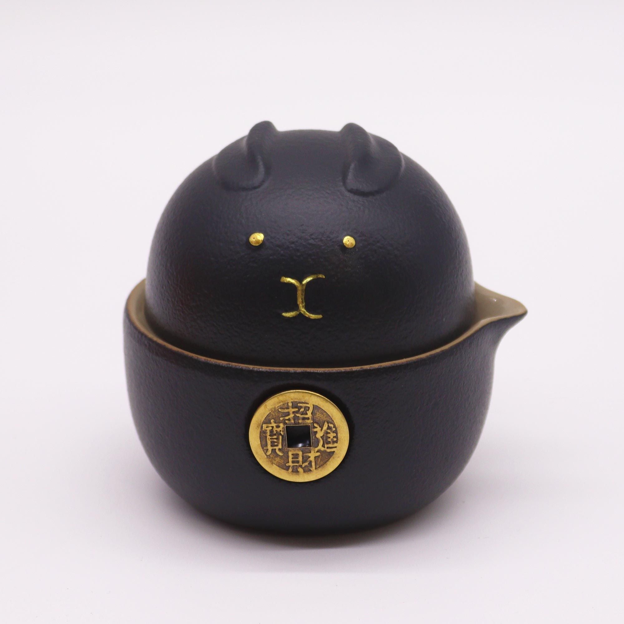 Black Money Cat Teapot Set With Two Cups - Travel Pack