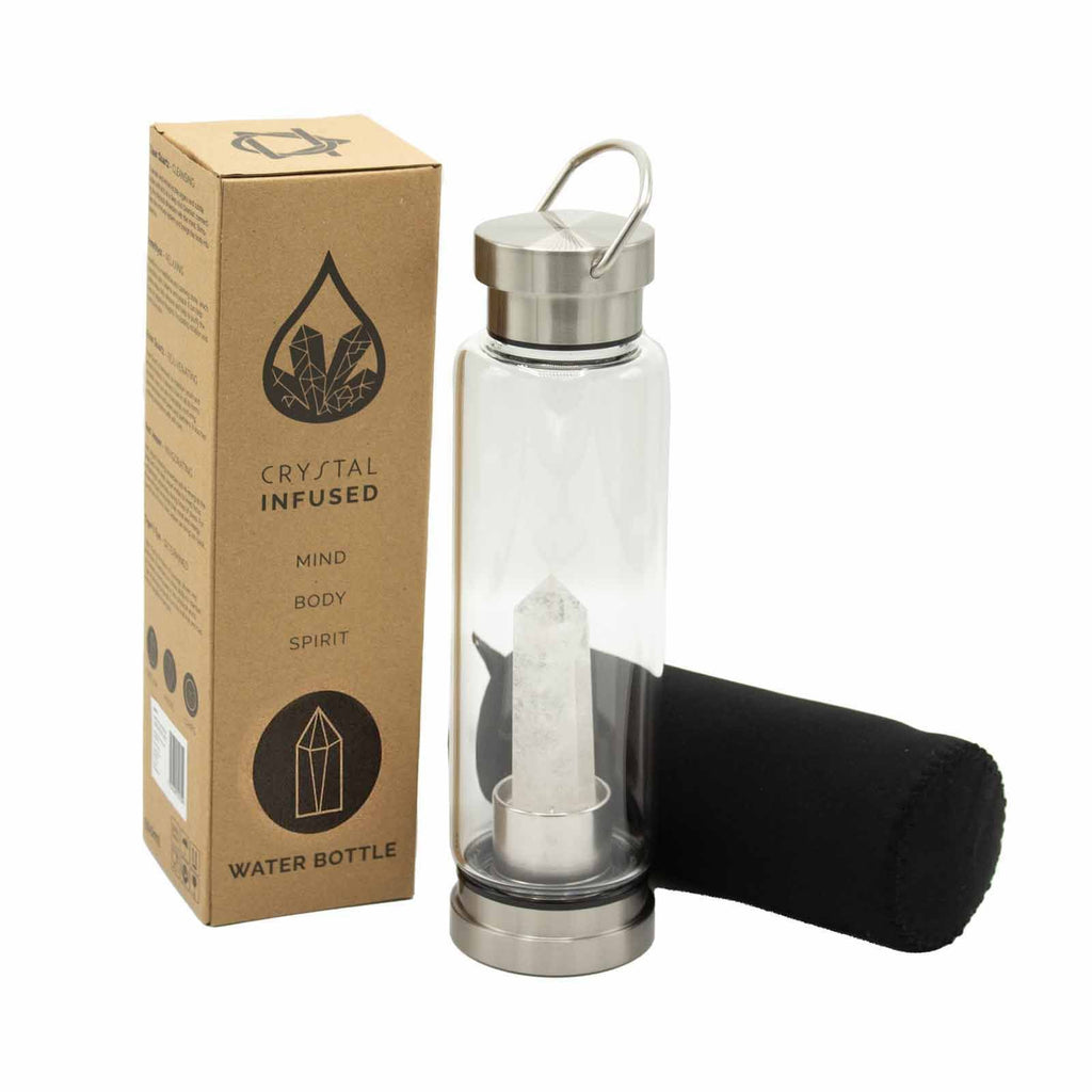 Cleansing Clear Quartz Crystal Infused Glass Water Bottle - Obelisk