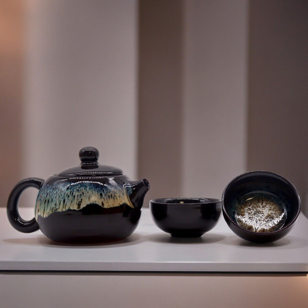 Herbal Black Glaze Teapot Set With Two Cups