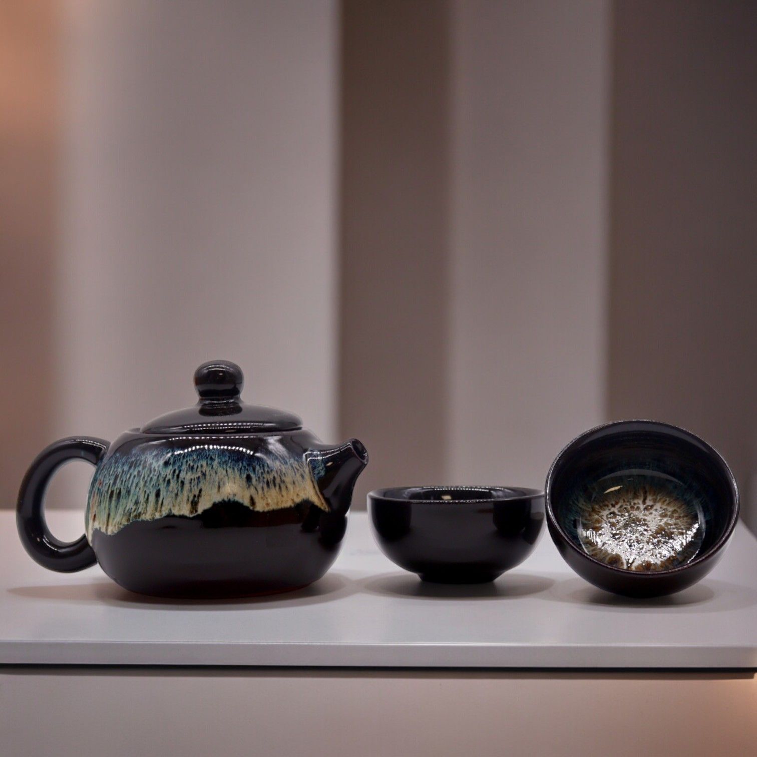 Herbal Black Glaze Teapot Set With Two Cups