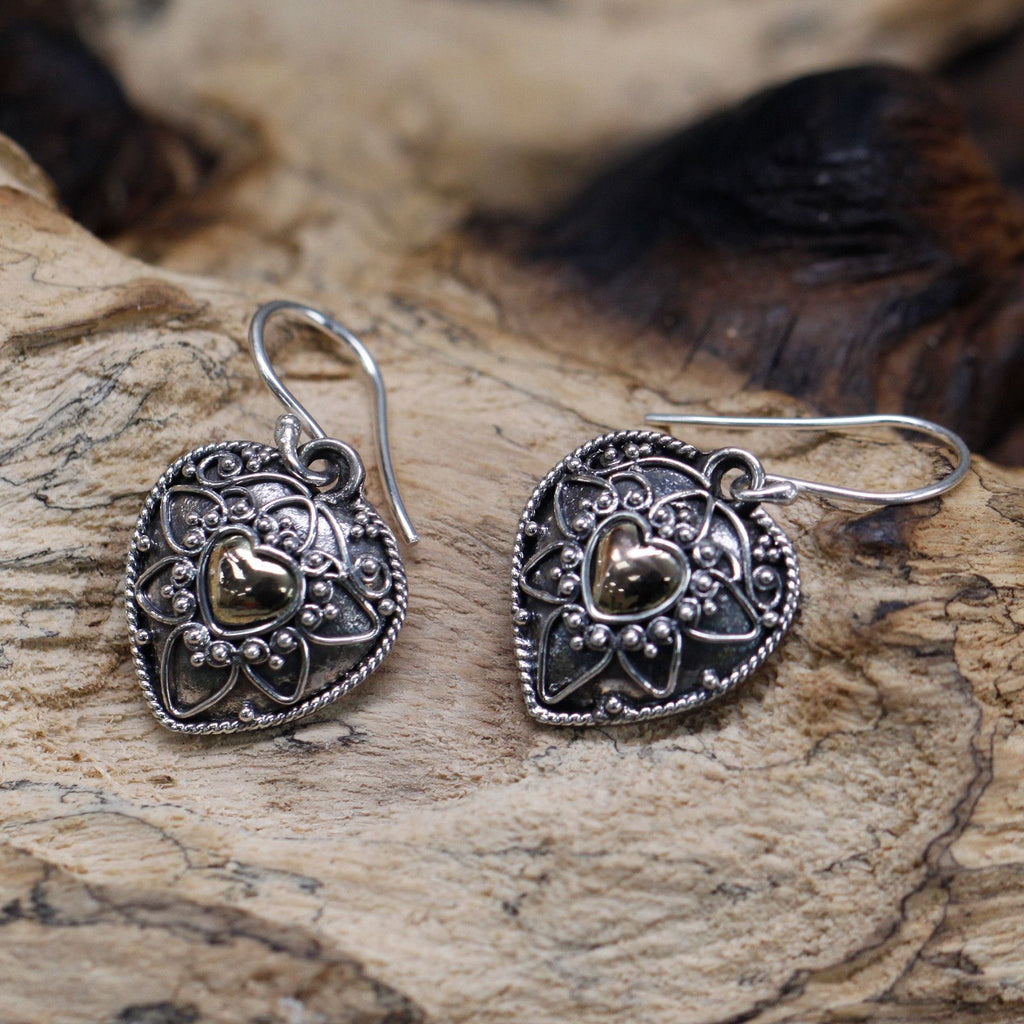 Mandala Hearts Silver and Gold Earrings