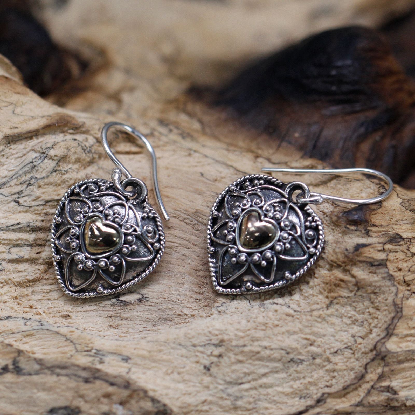Mandala Hearts Silver and Gold Earrings