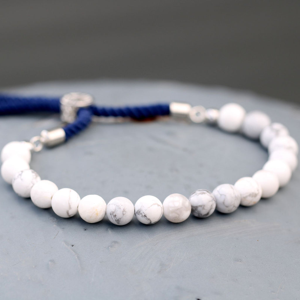 White Howlite Navy String Bracelet - 925 Silver Plated