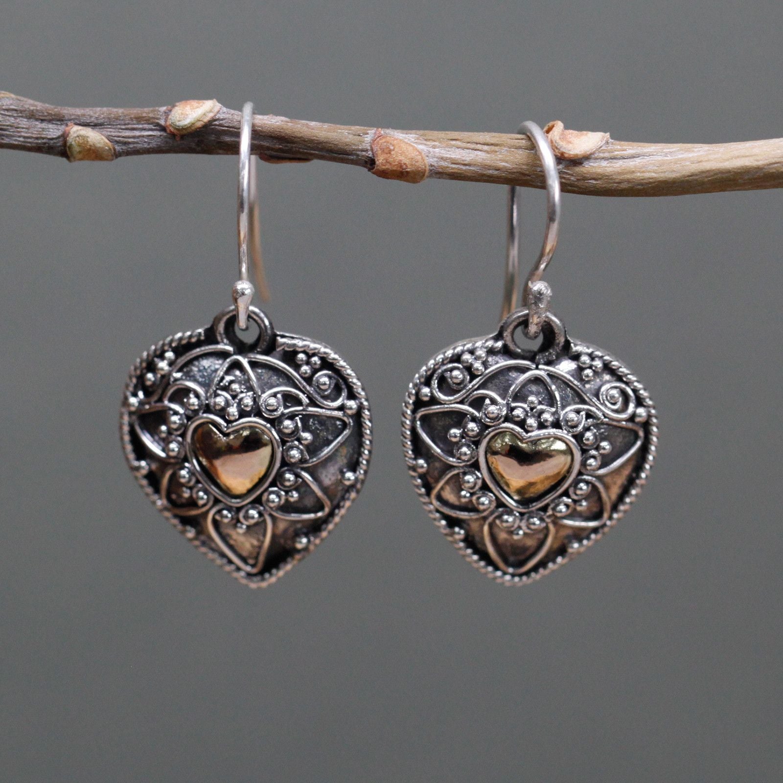 Mandala Hearts Silver and Gold Earrings