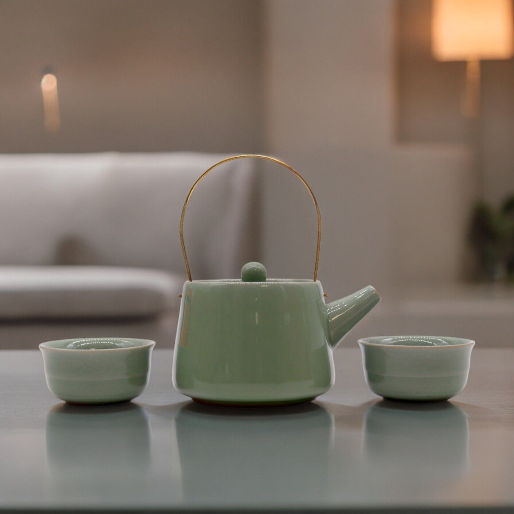 Herbal Jade Teapot Set With Two Cups