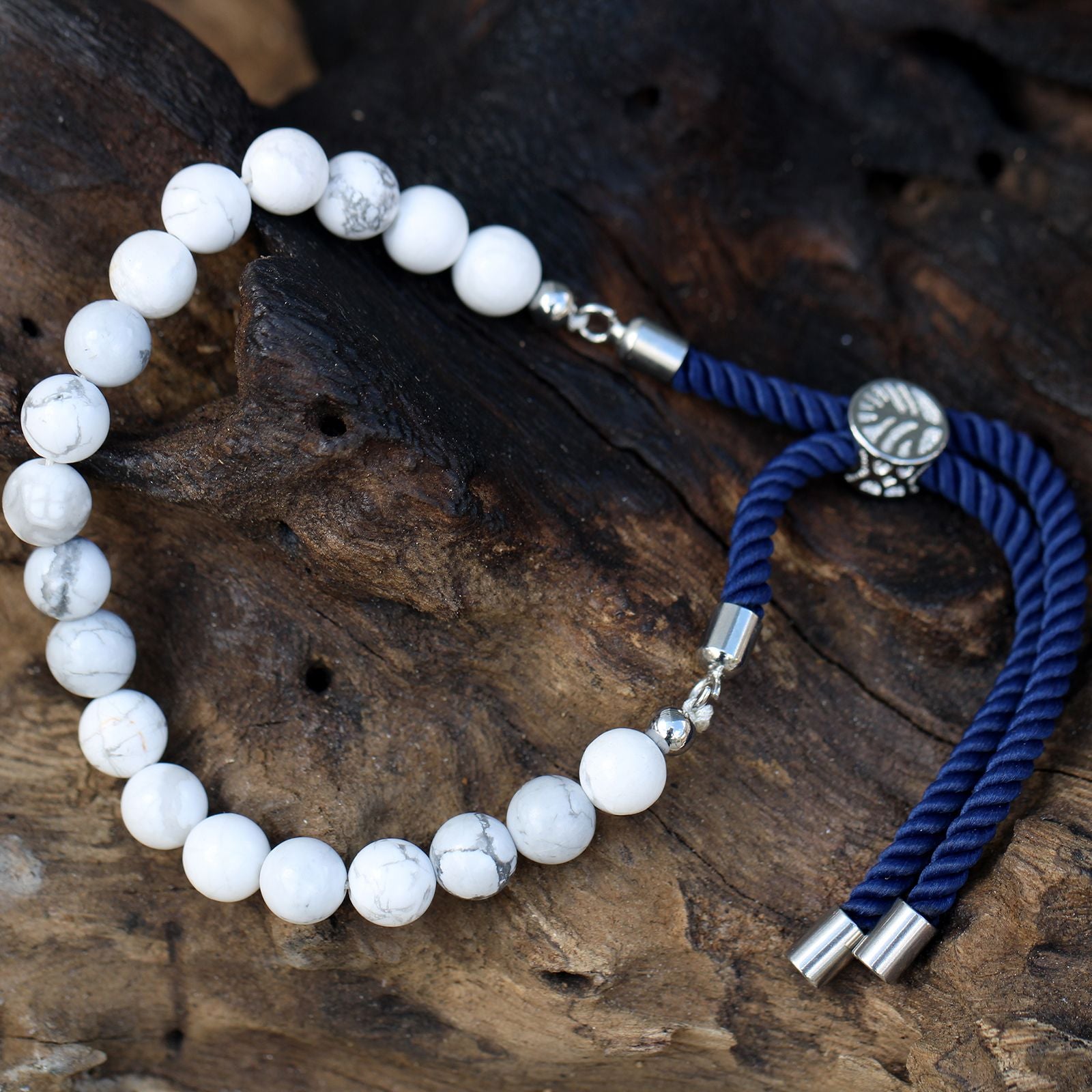 White Howlite Navy String Bracelet - 925 Silver Plated