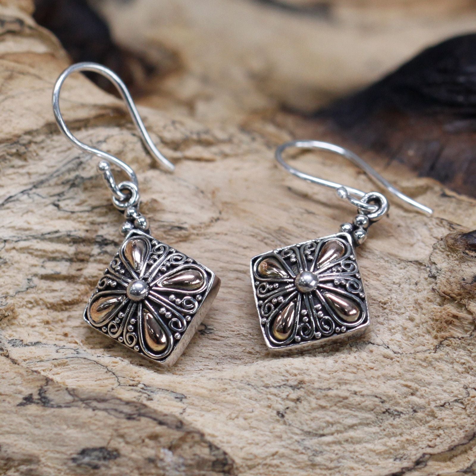 Square Drop Silver and Gold Earrings