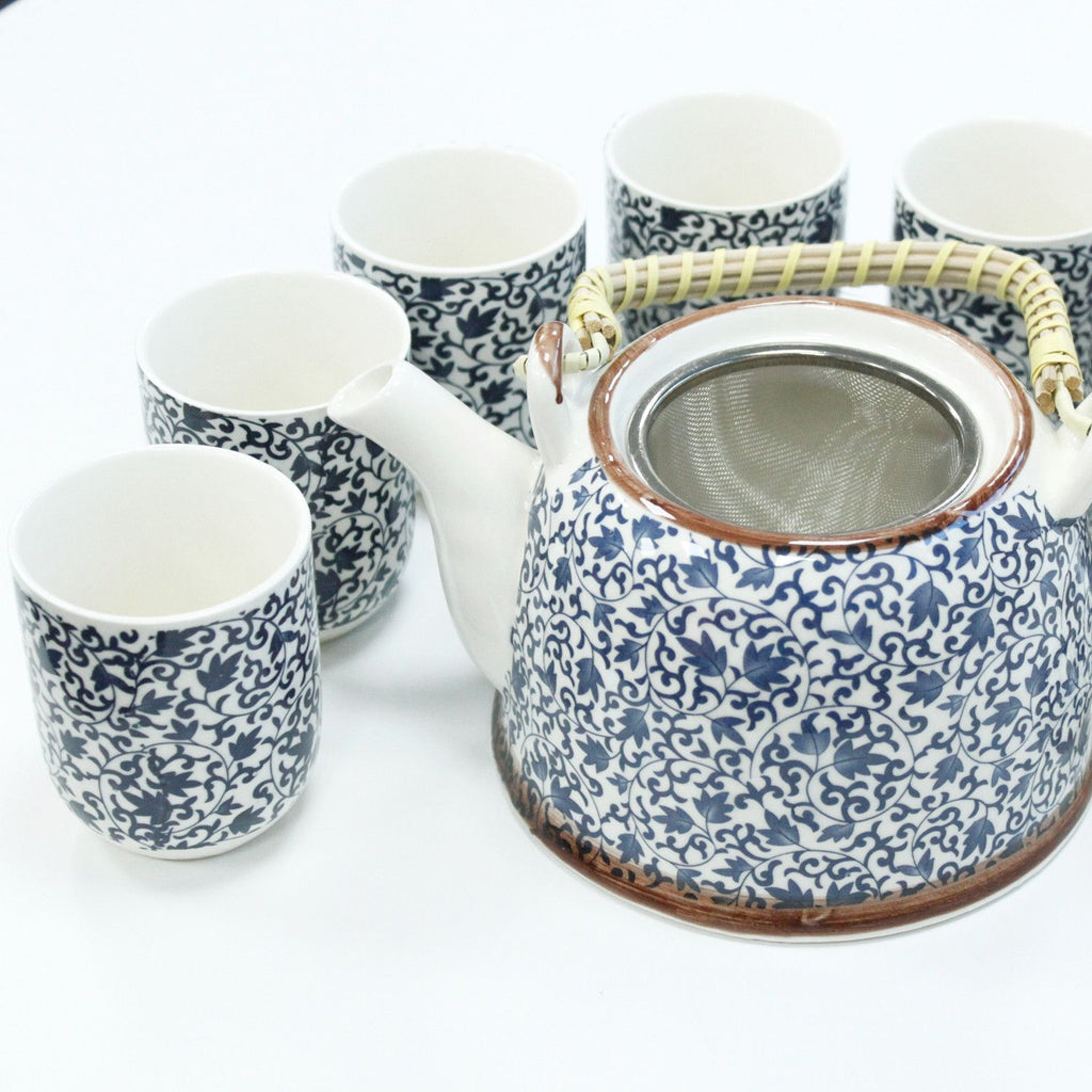 Blue Pattern Herbal Teapot Set With Six Cups