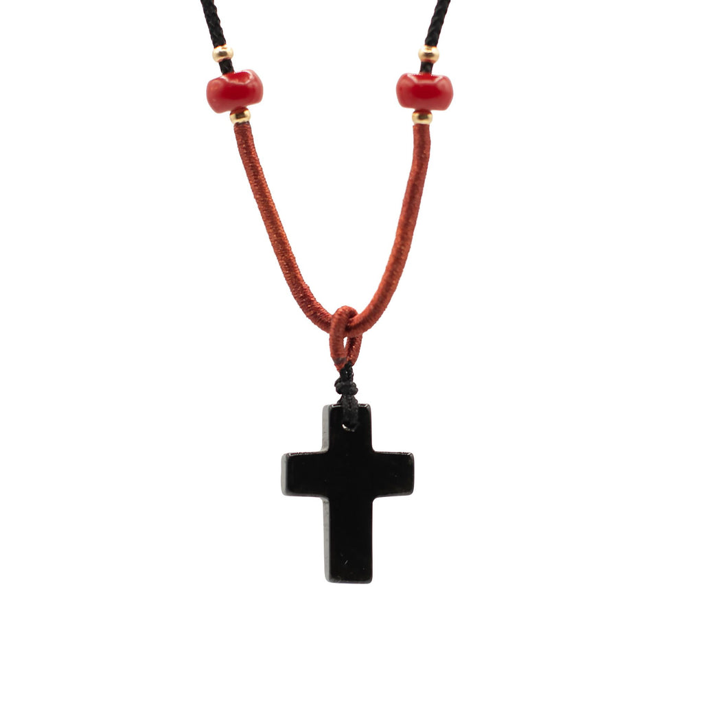 Black Agate Cross Cord Gemstone Necklace