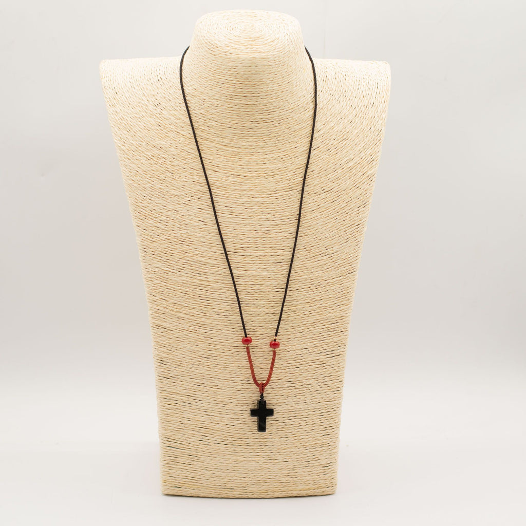 Black Agate Cross Cord Gemstone Necklace