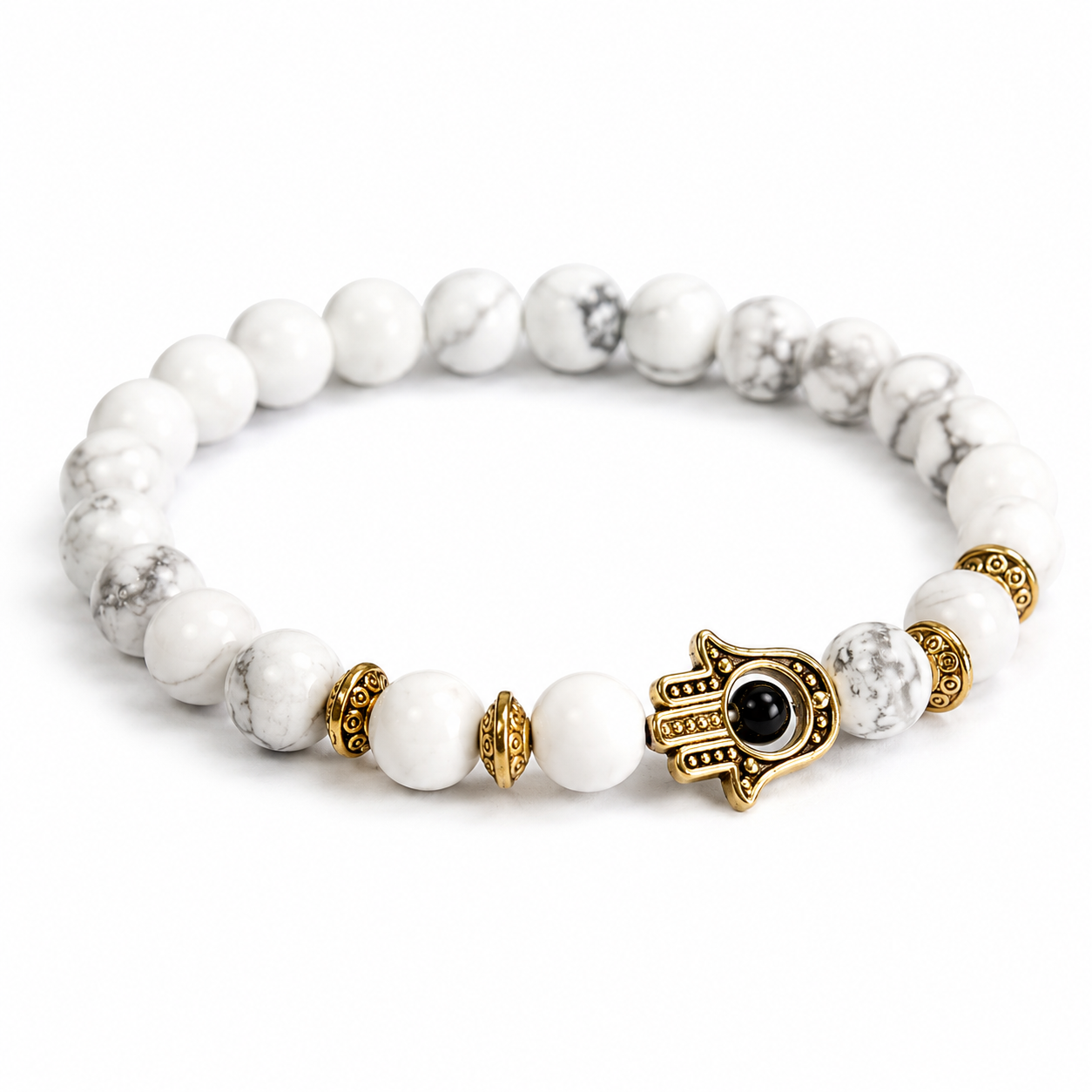 Gold Hamsa White Howlite Gemstone Bracelet