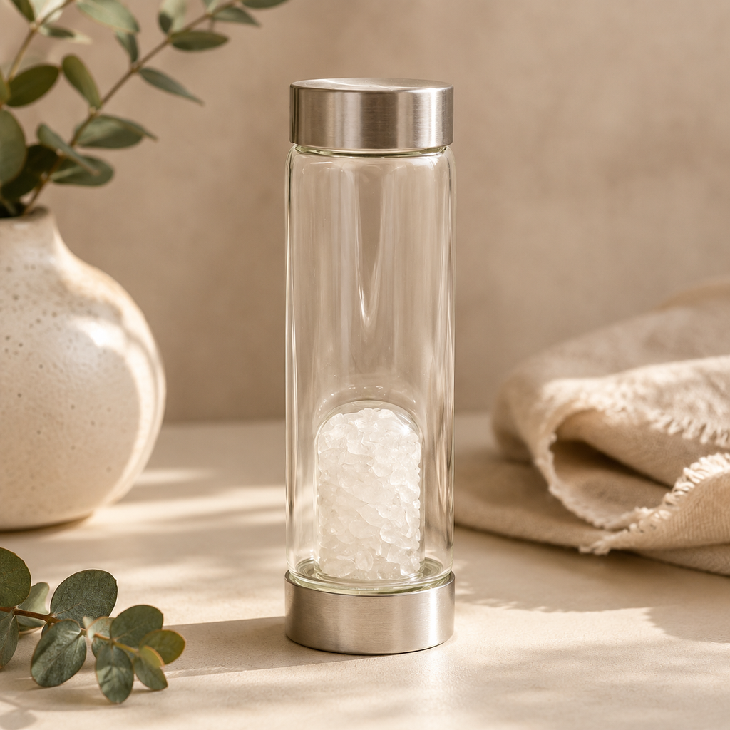 Cleansing Clear Quartz Crystal Infused Glass Water Bottle - Chips