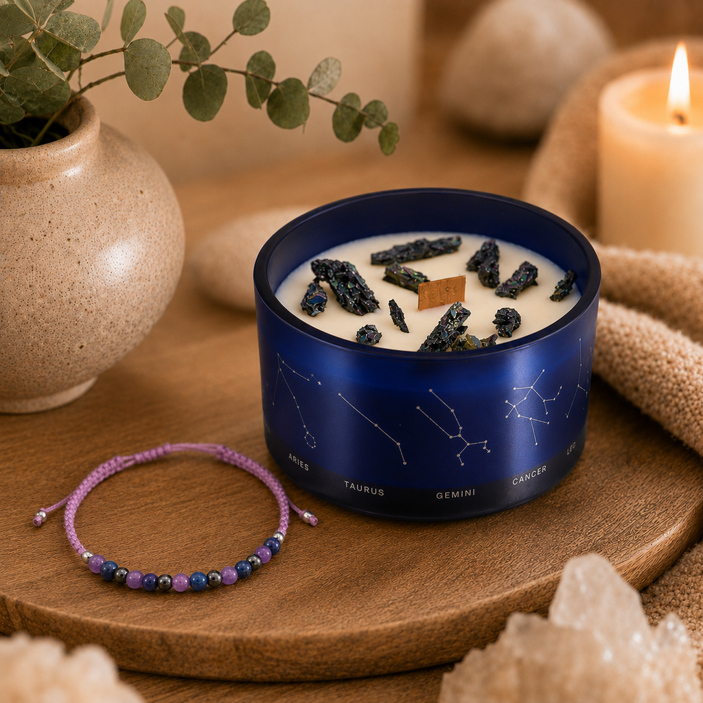 Zodiac Crystal Candle with Gemstone Bracelet - Aquarious
